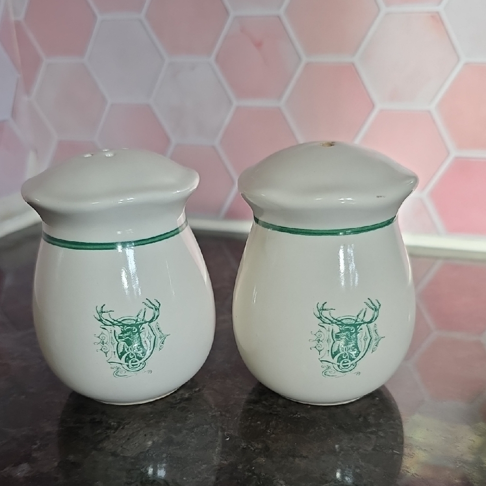 White Ceramic Salt and Pepper Shakers with Green Accent